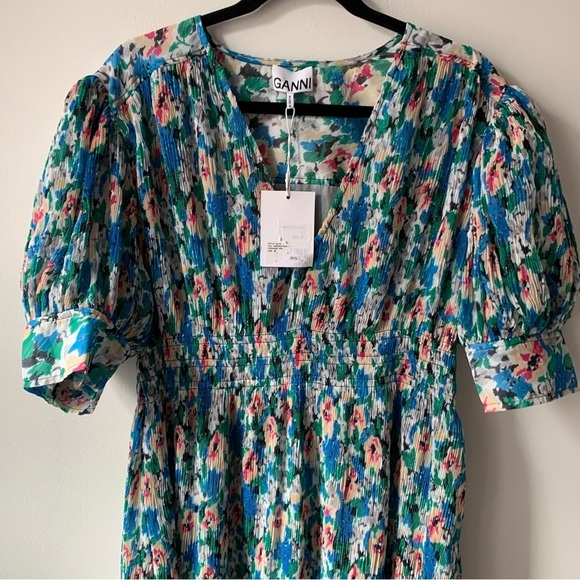 GANNI floral-print pleated Smocked Plissé Georgette midi dress - Picture 8 of 12